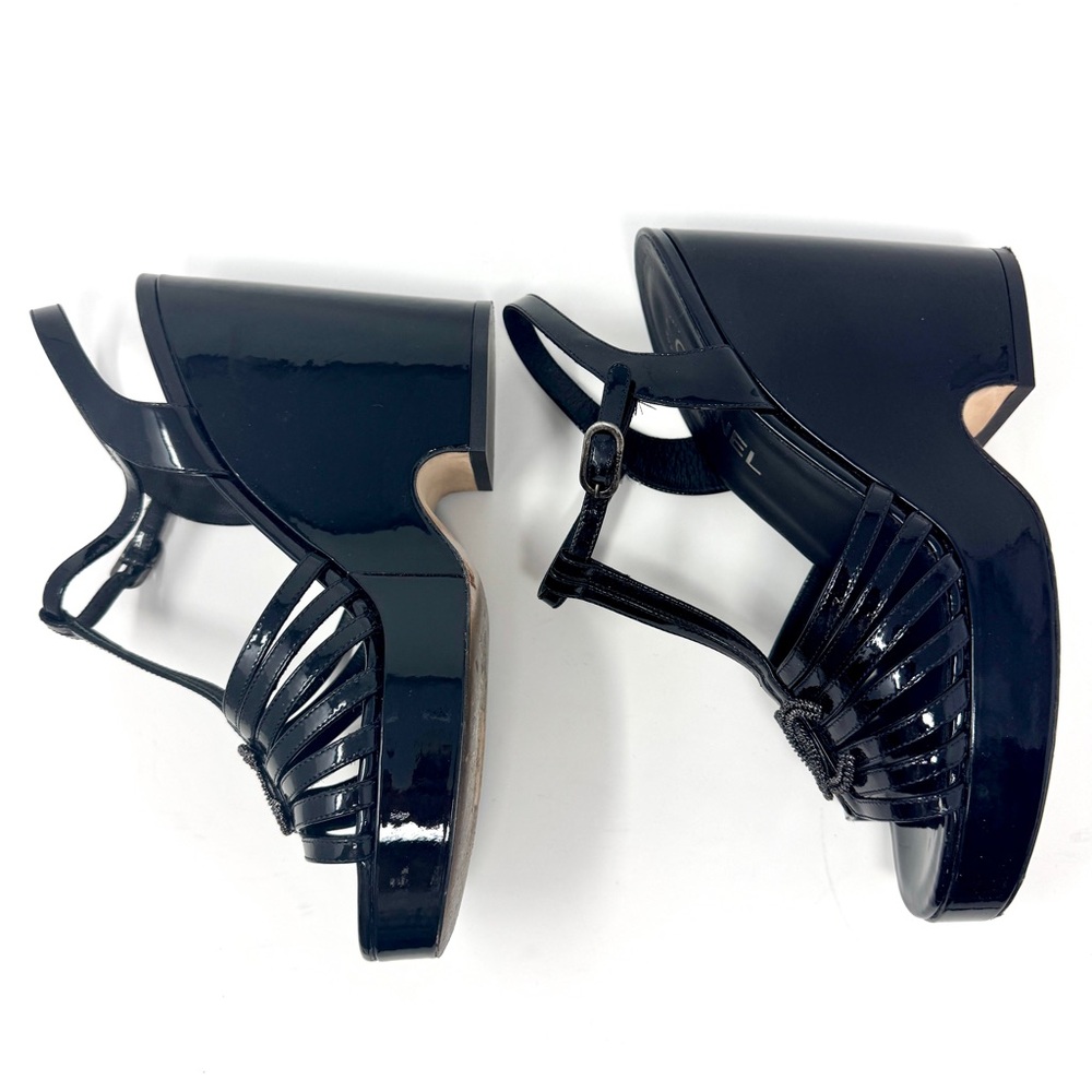 Chanel Black Patent Leather T-Strap CC Logo Wedge Platform Sandals - Picture 6 of 15